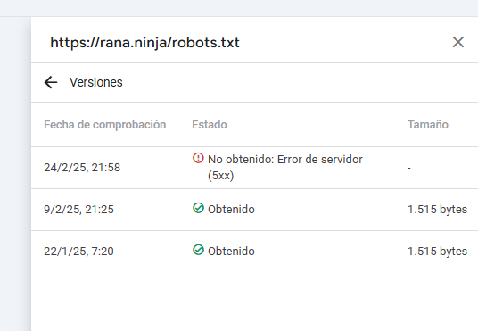 Google Search Console mostrando el último rastreo del robots.txt de rana.ninja con fecha 09/02/2025 antes de activar el error 503