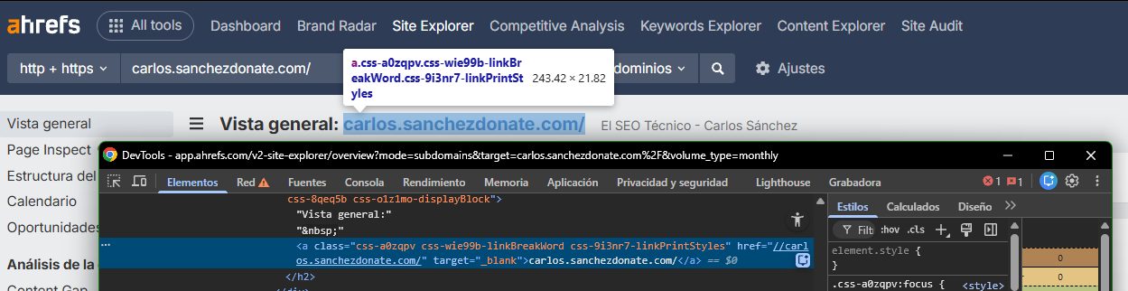 captura de pantalla de la página ahrefs, donde se puede ver resaltado carlossanchezdonate.com/ y arriba indica que se trata de una etiqueta a