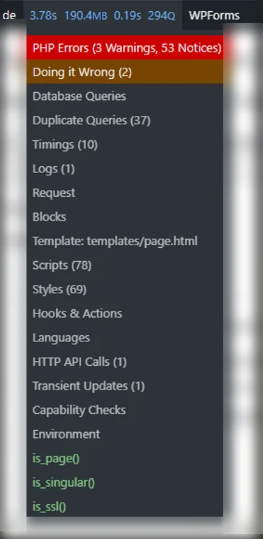 Vista inicial de Query Monitor en un proyecto con Kadence