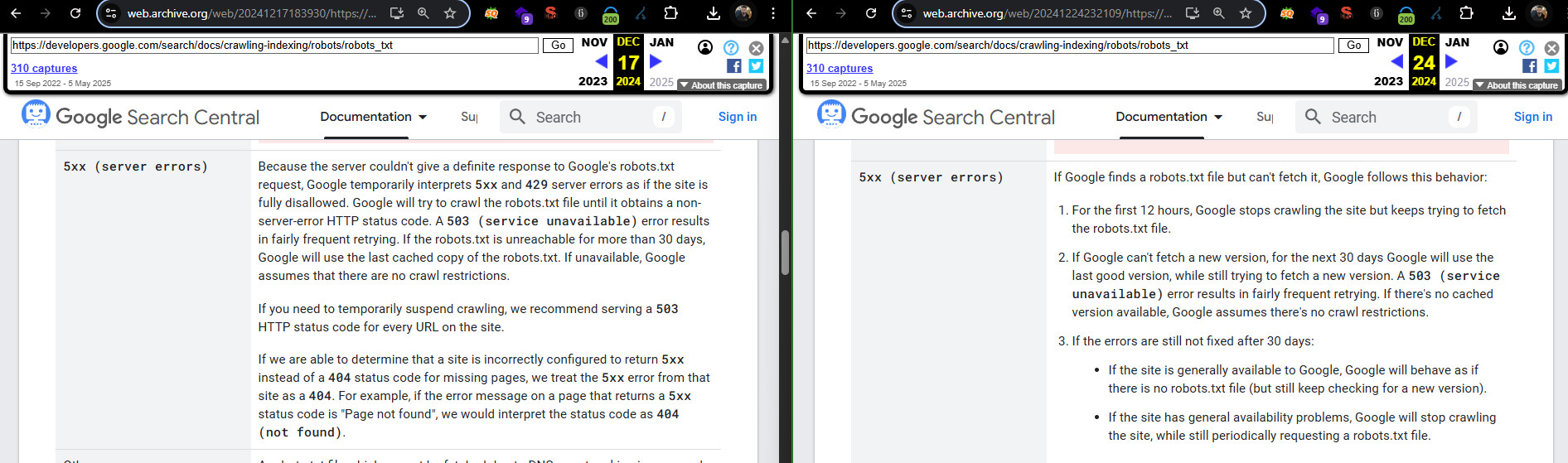 Comparativa del cambio en la documentación oficial de Google sobre el tratamiento de errores 5XX en robots.txt entre diciembre de 2024