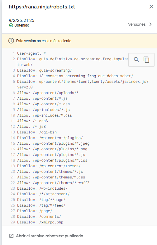 Última versión cacheada del robots.txt de rana.ninja en Google Search Console con la directiva Disallow: /page/ resaltada
