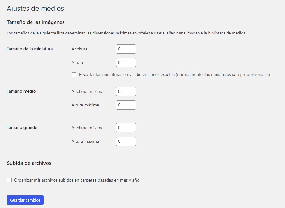 Configuración de medios en WordPress para desactivar redimensión automática