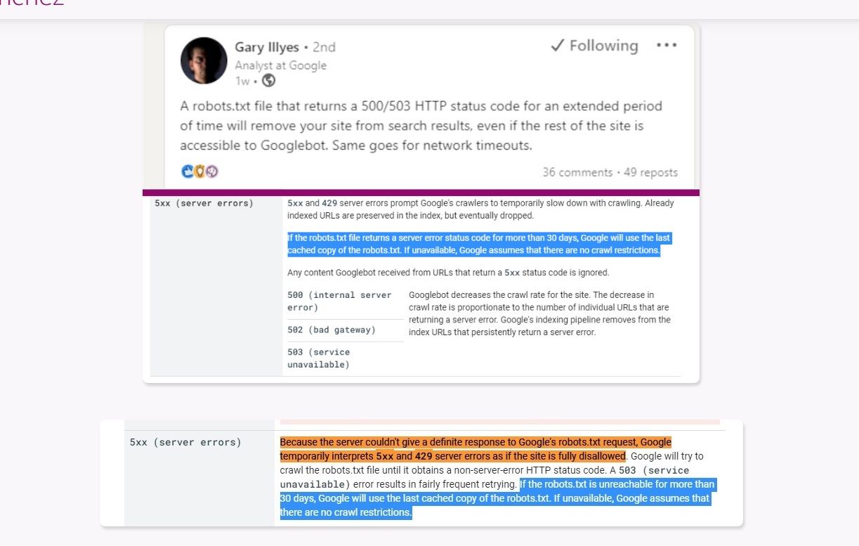 Captura de la documentación de Google mostrando la contradicción entre sin restricciones de rastreo y sitio inaccesible ante un error 5XX en robots.txt