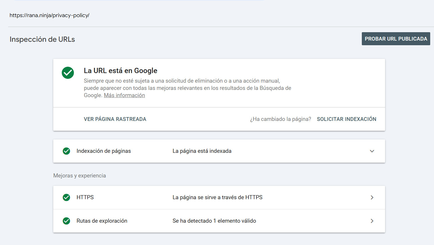 Resultados de búsqueda en Google mostrando algunas URLs de rana.ninja todavía indexadas durante la desindexación progresiva