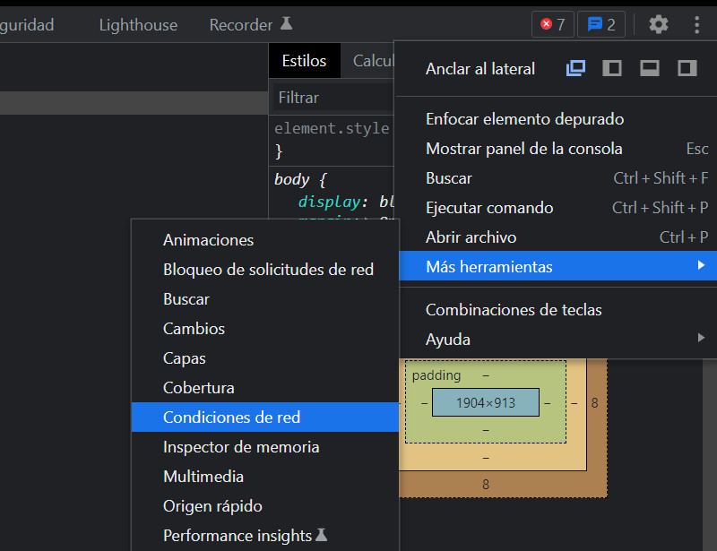 Inspector de elementos en español, condiciones de red
