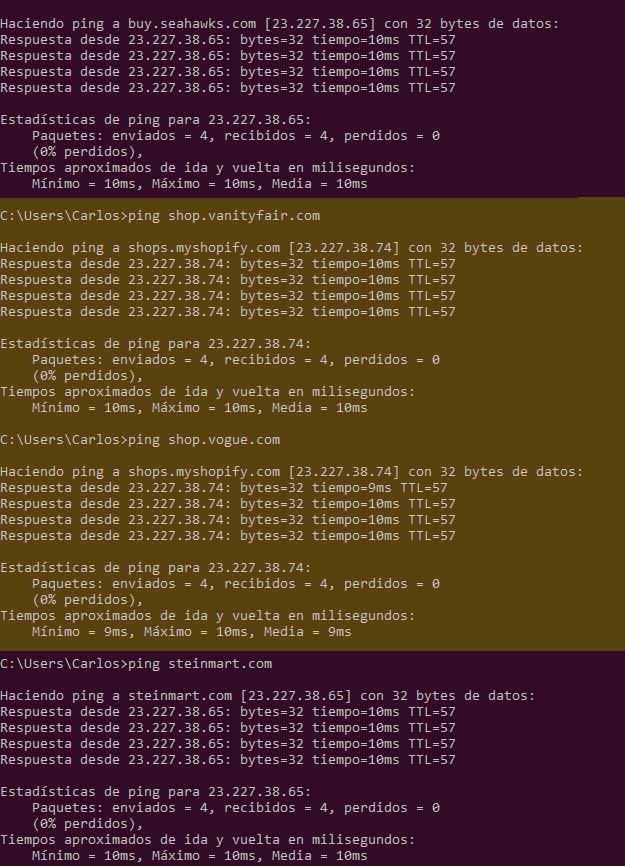Ejemplo de múltiples dominios de Shopify compartiendo la misma IP