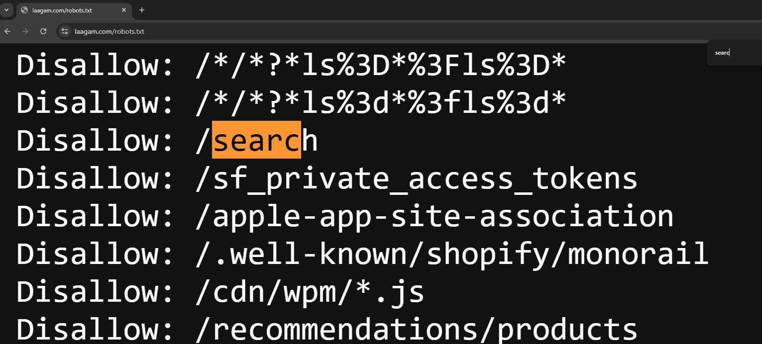 Robots.txt de Laagam con el shopi por defecto bloqueando el search