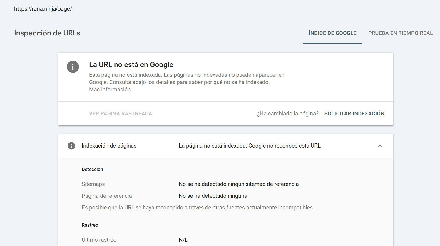 Google Search Console mostrando que la URL /page/ de rana.ninja ya no está bloqueada por robots.txt tras la expiración de la caché