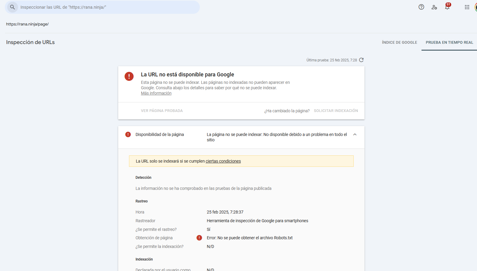 Google Search Console mostrando que la URL /page/ de rana.ninja está bloqueada por el robots.txt cacheado pese al error 503 activo
