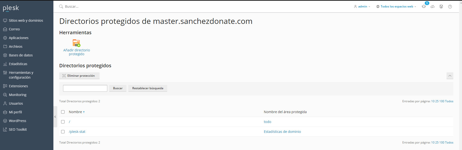 directorios protegidos en plesk