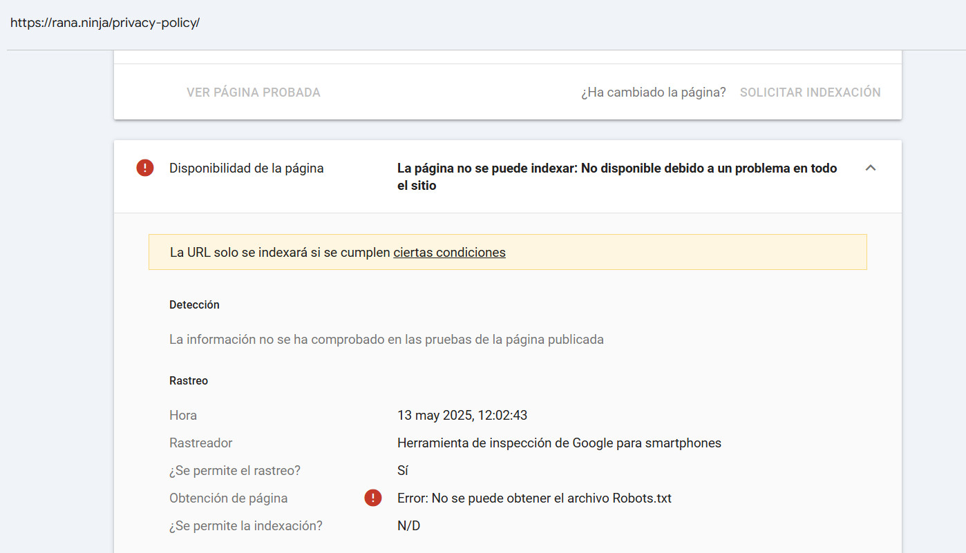 Resultados de búsqueda en Google mostrando la reducción progresiva de URLs indexadas de rana.ninja por el error 503 continuado en robots.txt