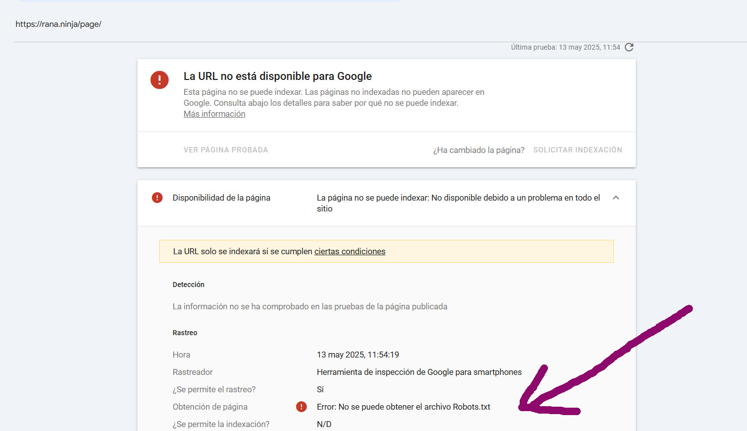 Google Search Console indicando que una URL de rana.ninja es rastreable pero Google no permite su indexación tras el error 503 prolongado en robots.txt