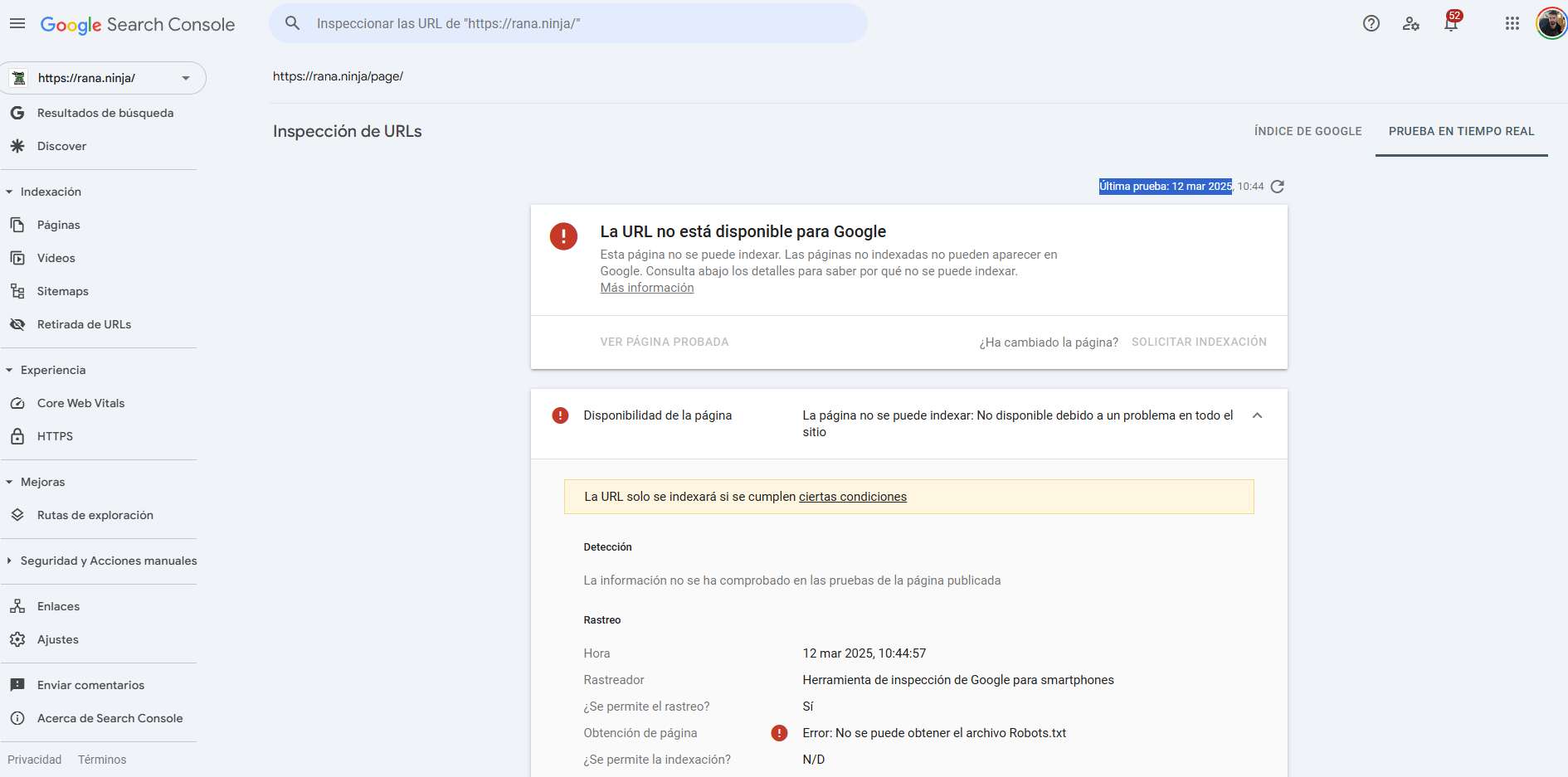 Google Search Console confirmando que las directrices del robots.txt cacheado de rana.ninja siguen activas tras 15 días de error 503