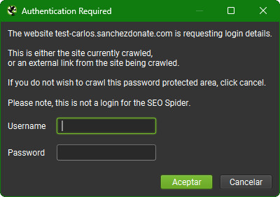 Autentificación de una web protegida por contraseña que se rastrea con screaming frog