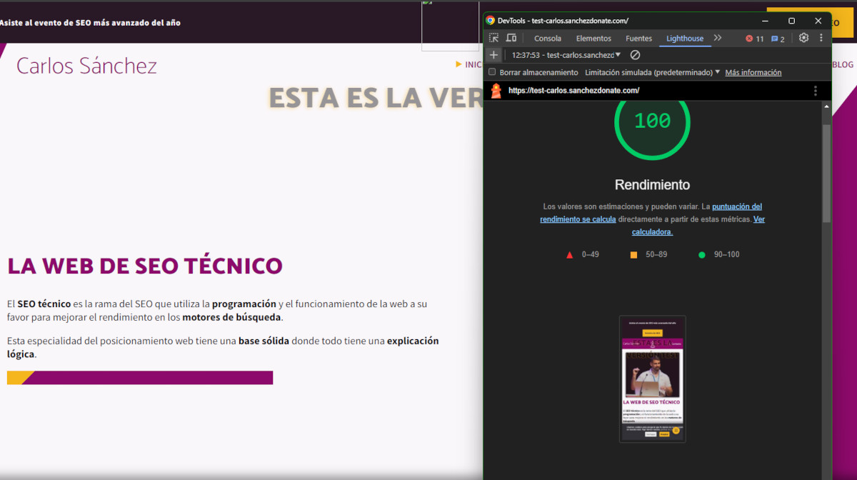 Lighthouse en una web en desarrollo